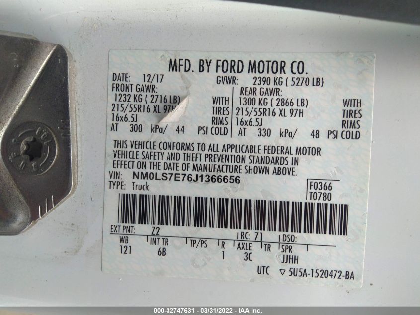 2018 FORD TRANSIT CONNECT VAN XL NM0LS7E76J1366656