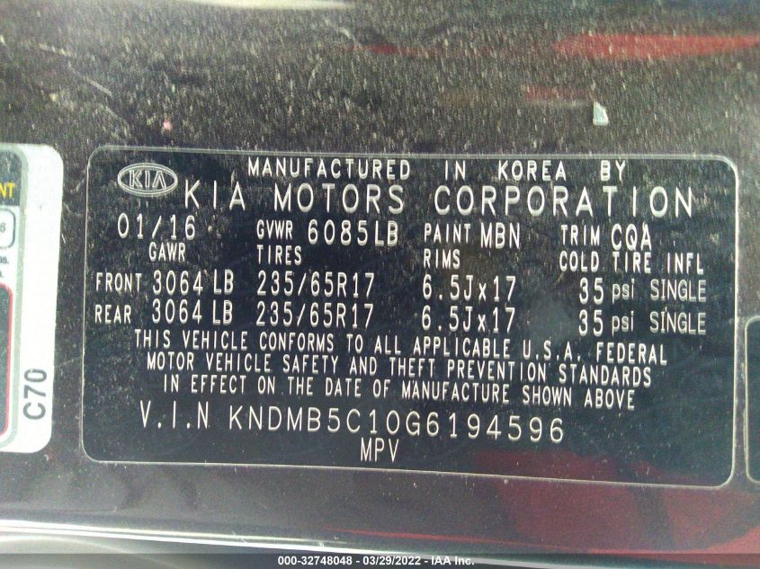 2016 KIA SEDONA LX KNDMB5C10G6194596