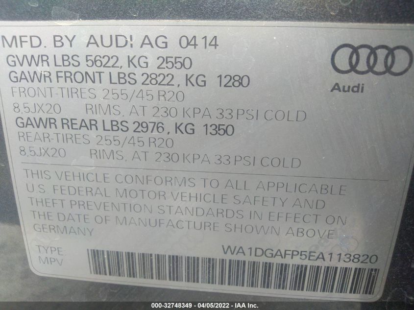 2014 AUDI Q5 PREMIUM PLUS WA1DGAFP5EA113820