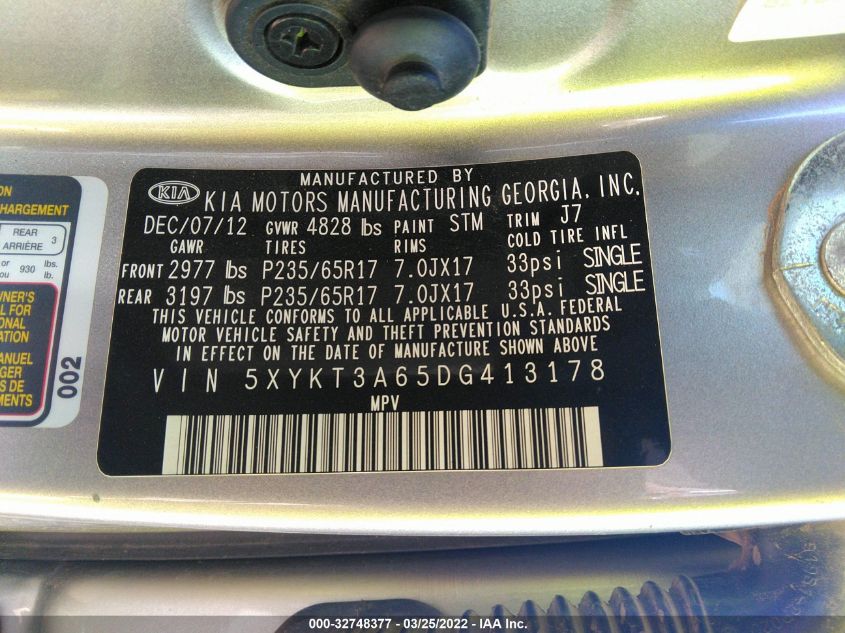2013 KIA SORENTO LX 5XYKT3A65DG413178