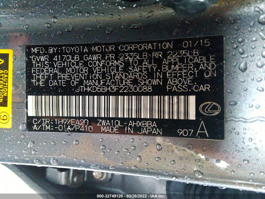 2015 LEXUS CT 200H HYBRID JTHKD5BH3F2230088