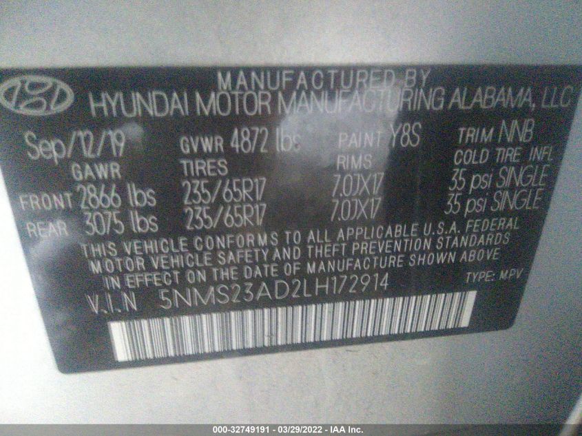 2020 HYUNDAI SANTA FE SE 5NMS23AD2LH172914