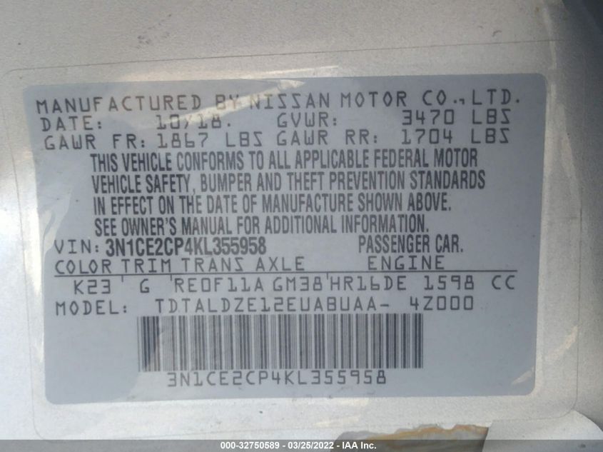 2019 NISSAN VERSA NOTE SV 3N1CE2CP4KL355958