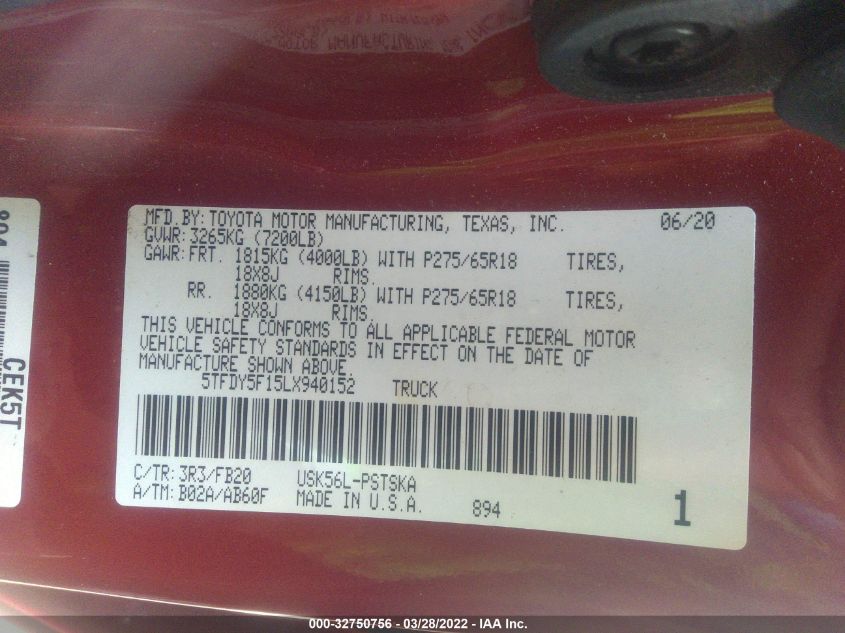 2020 TOYOTA TUNDRA 4WD SR5/TRD PRO 5TFDY5F15LX940152