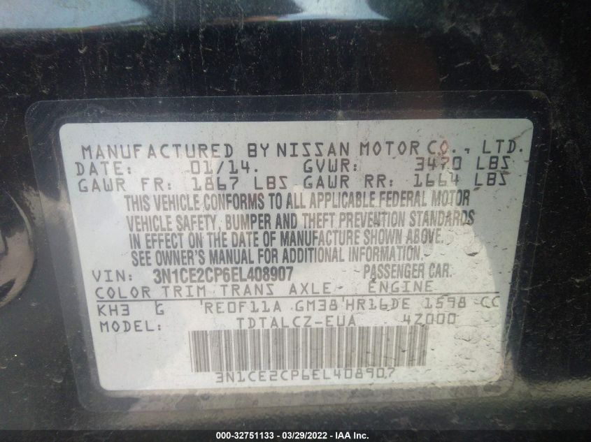 2014 NISSAN VERSA NOTE S PLUS 3N1CE2CP6EL408907