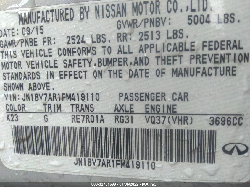 2015 INFINITI Q50 PREMIUM JN1BV7AR1FM419110