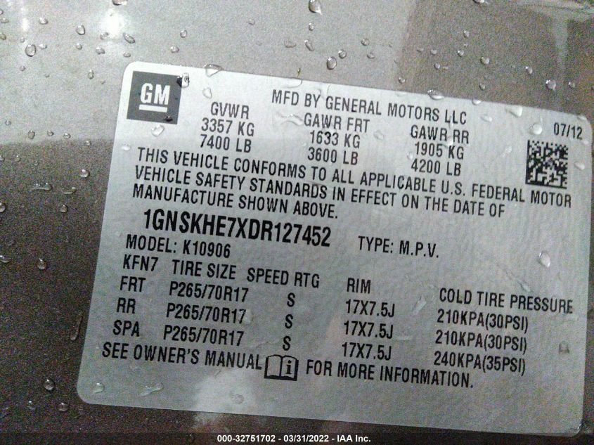 2013 CHEVROLET SUBURBAN LS 1GNSKHE7XDR127452