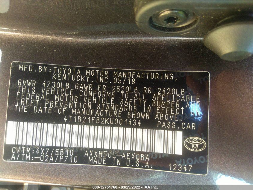 2019 TOYOTA AVALON HYBRID 4T1B21FB2KU001434