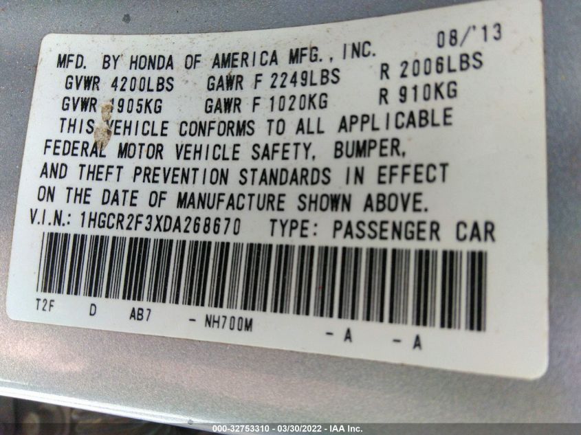 2013 HONDA ACCORD SDN LX 1HGCR2F3XDA268670