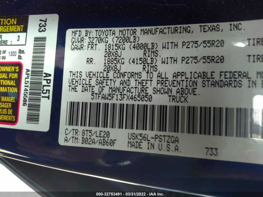 2015 TOYOTA TUNDRA 4WD TRUCK PLATINUM 5TFAW5F13FX465050
