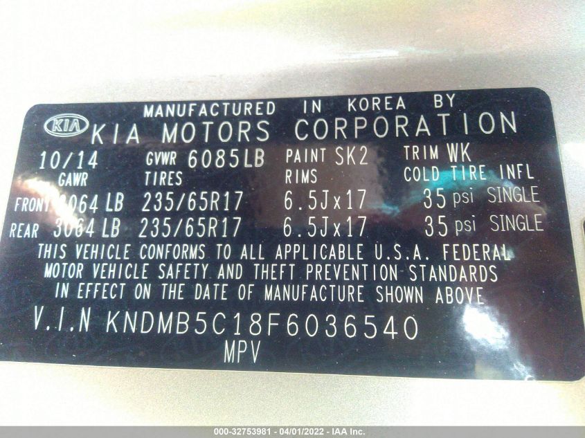 2015 KIA SEDONA LX KNDMB5C18F6036540