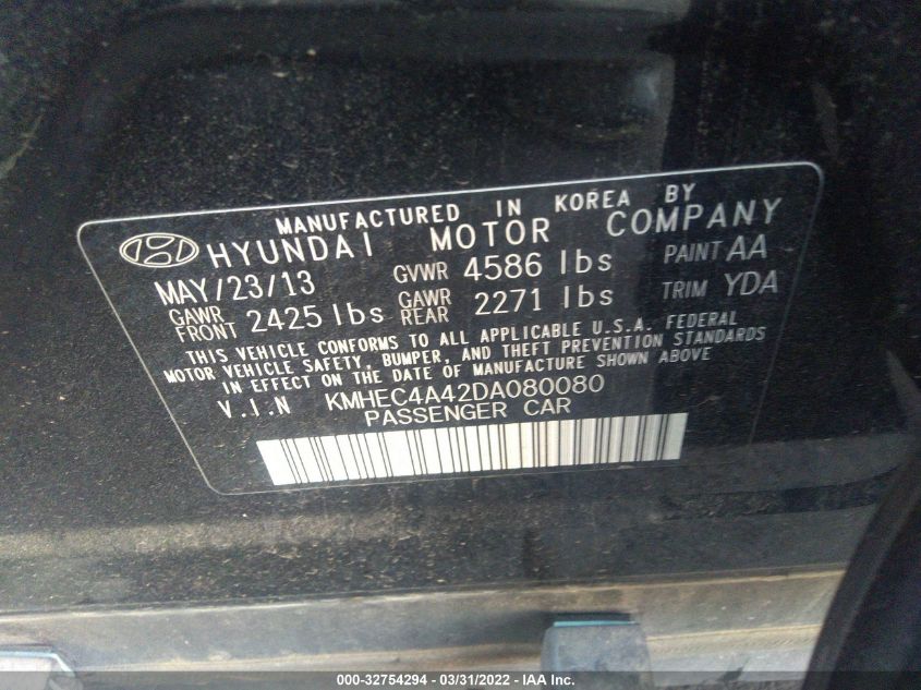 2013 HYUNDAI SONATA HYBRID LIMITED KMHEC4A42DA080080