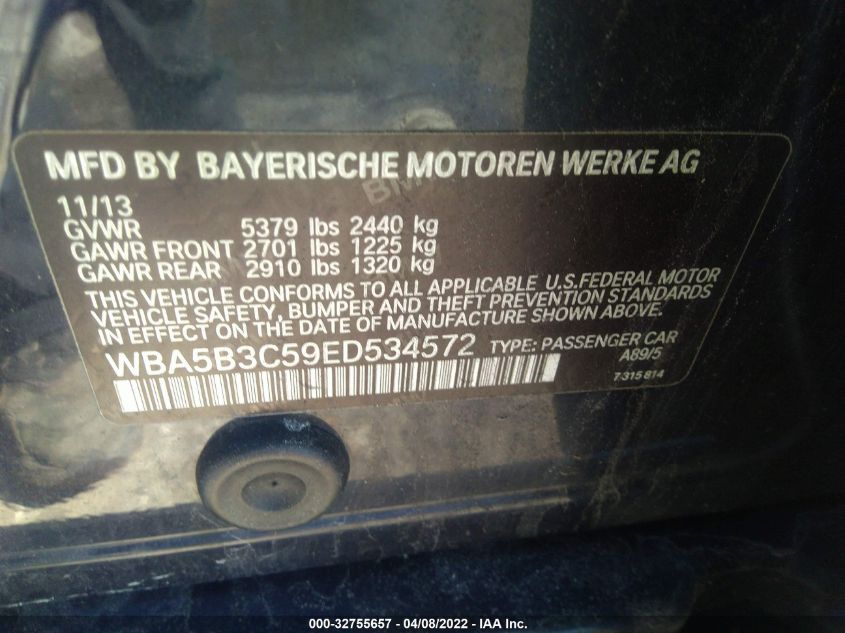 2014 BMW 5 SERIES 535I XDRIVE WBA5B3C59ED534572