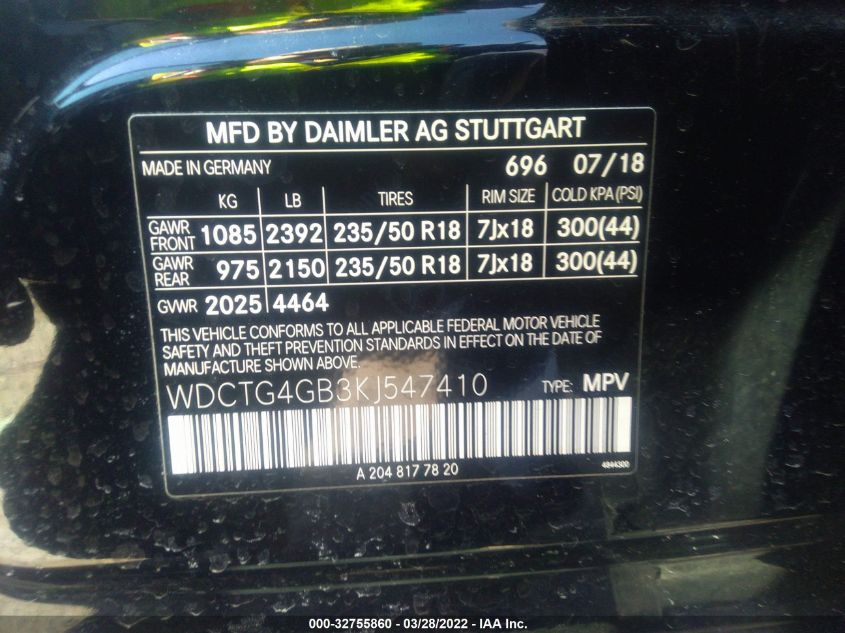 2019 MERCEDES-BENZ GLA GLA 250 WDCTG4GB3KJ547410