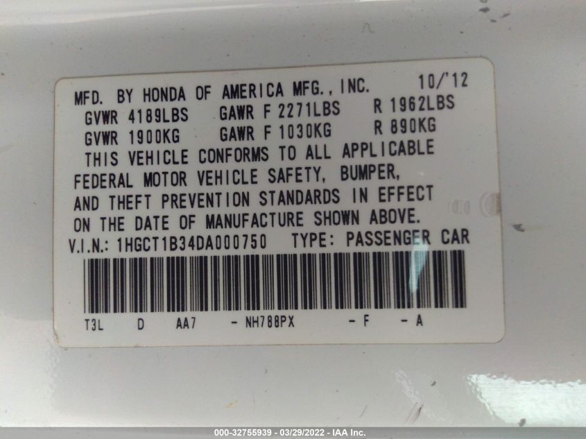 2013 HONDA ACCORD CPE LX-S 1HGCT1B34DA000750