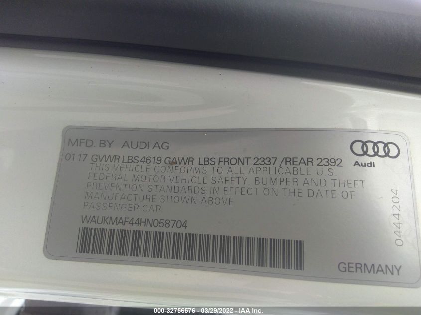 2017 AUDI A4 SEASON OF AUDI ULTRA WAUKMAF44HN058704