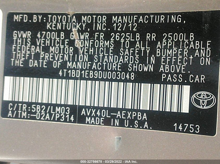 2013 TOYOTA AVALON HYBRID LIMITED 4T1BD1EB9DU003048