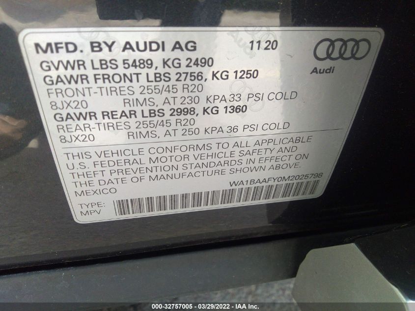 2021 AUDI Q5 PREMIUM PLUS WA1BAAFY0M2025798