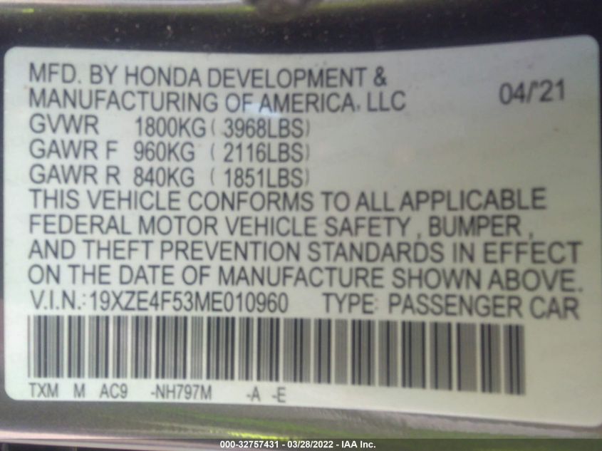 2021 HONDA INSIGHT EX 19XZE4F53ME010960