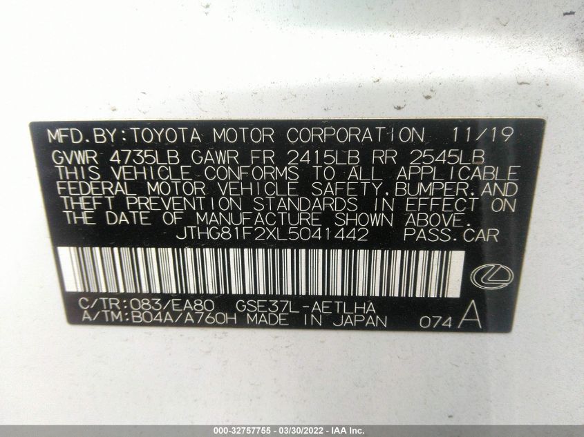 2020 LEXUS IS IS 300 F SPORT JTHG81F2XL5041442