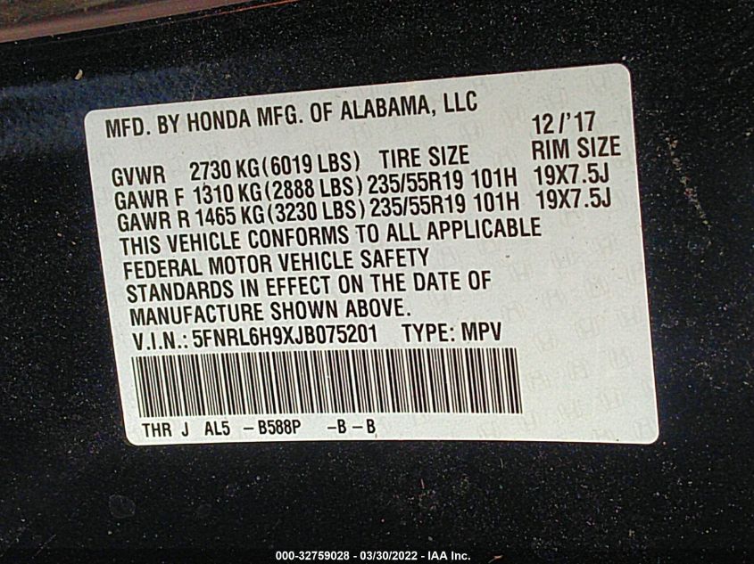 2018 HONDA ODYSSEY ELITE 5FNRL6H9XJB075201