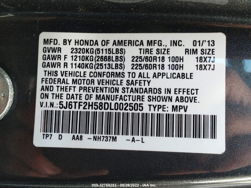 2013 HONDA CROSSTOUR EX-L 5J6TF2H58DL002505