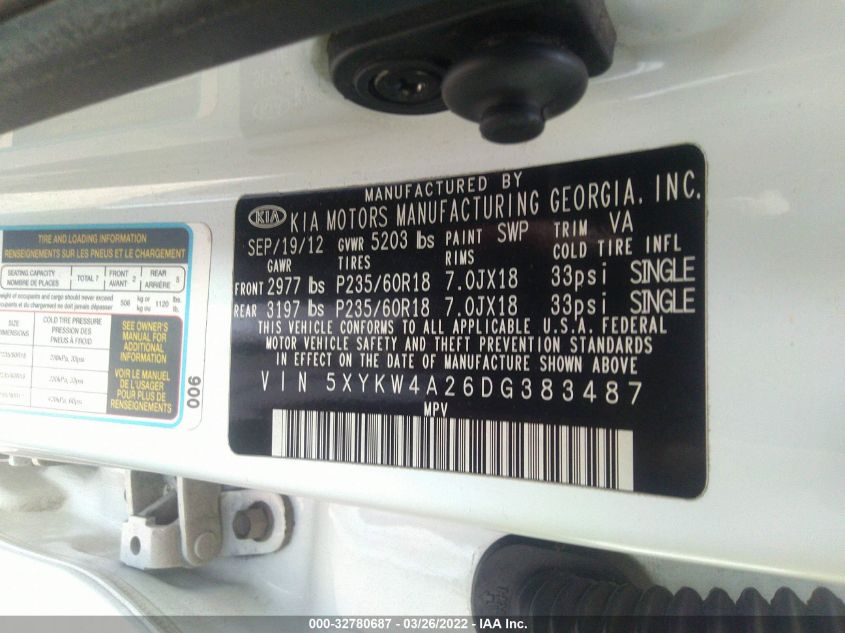 2013 KIA SORENTO SX 5XYKW4A26DG383487