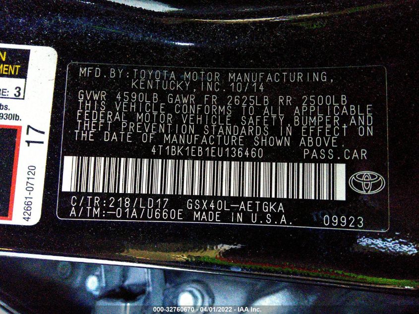 2014 TOYOTA AVALON LIMITED 4T1BK1EB1EU136460