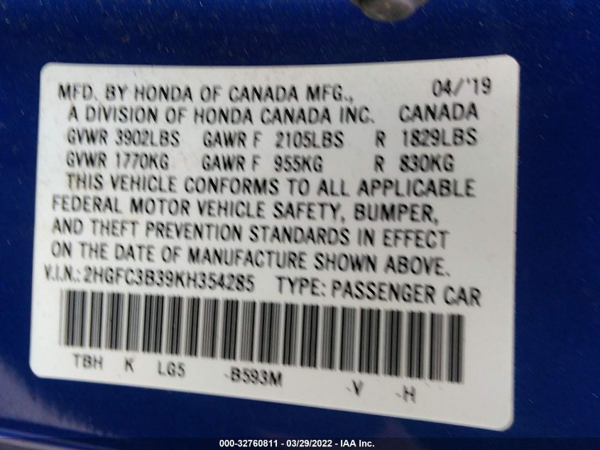 2019 HONDA CIVIC COUPE EX 2HGFC3B39KH354285