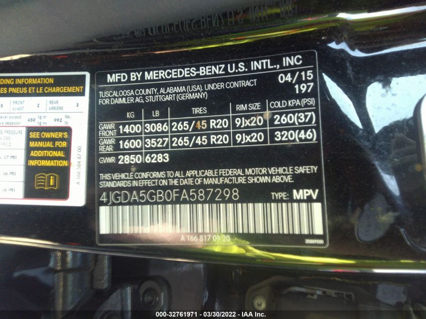2015 MERCEDES-BENZ M-CLASS ML 400 4JGDA5GB0FA587298