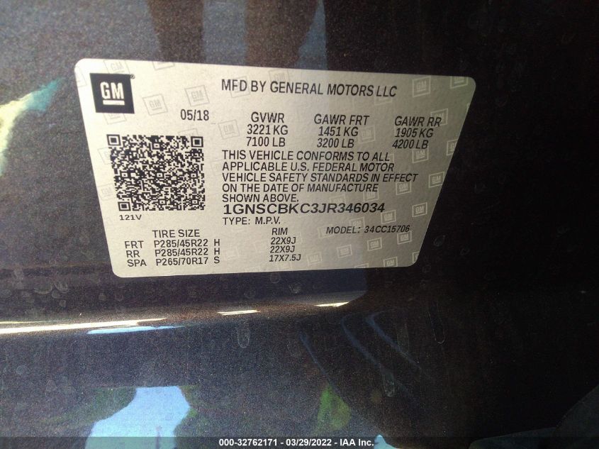 2018 CHEVROLET TAHOE LT 1GNSCBKC3JR346034