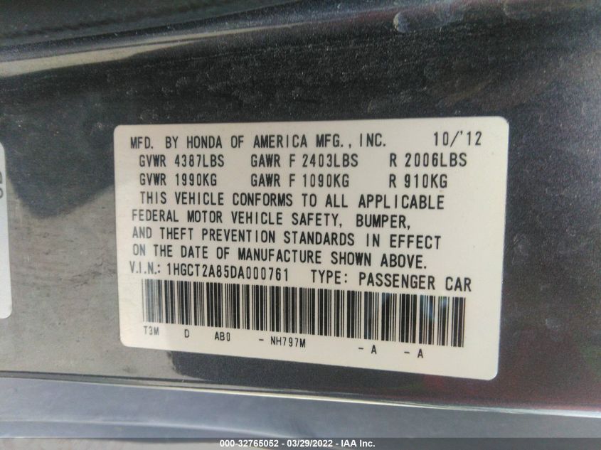 2013 HONDA ACCORD CPE EX-L 1HGCT2A85DA000761
