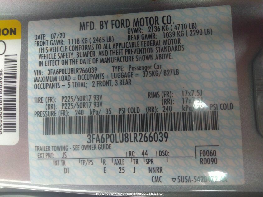 2020 FORD FUSION HYBRID SE 3FA6P0LU8LR266039