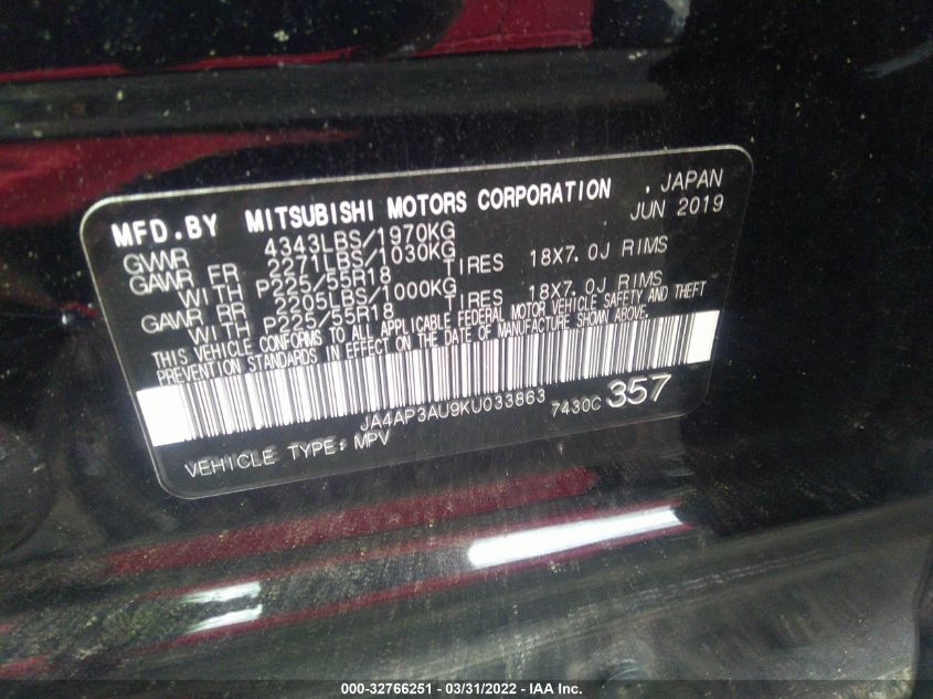 2019 MITSUBISHI OUTLANDER SPORT 2.0 JA4AP3AU9KU033863