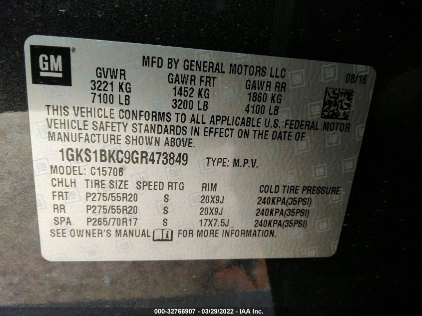 2016 GMC YUKON SLT 1GKS1BKC9GR473849