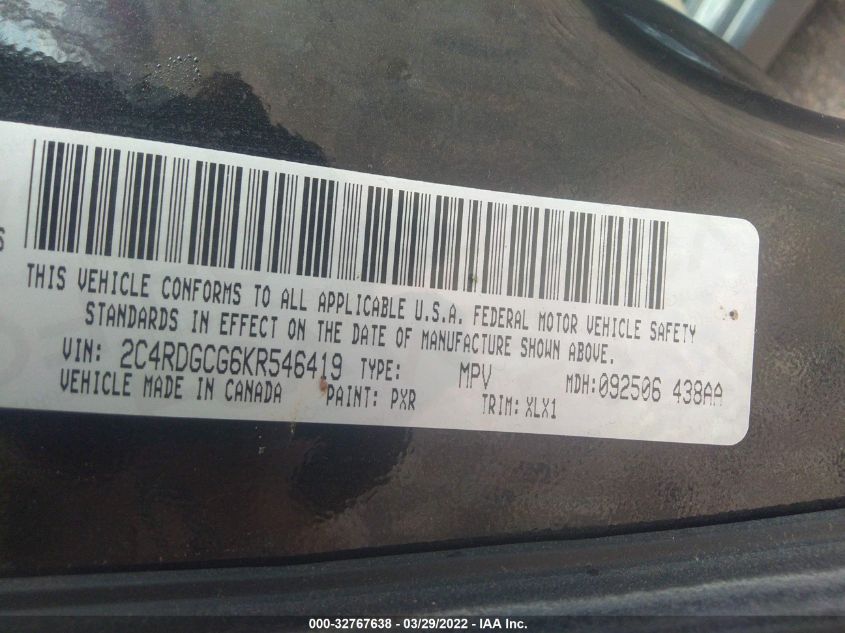 2019 DODGE GRAND CARAVAN SXT 2C4RDGCG6KR546419