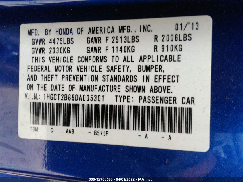 2013 HONDA ACCORD CPE EX-L 1HGCT2B89DA005301
