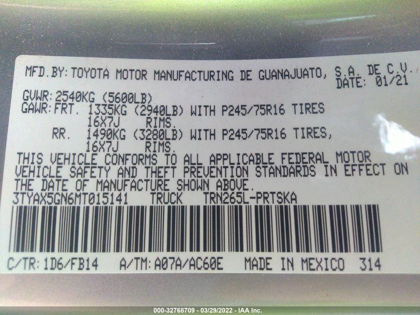 2021 TOYOTA TACOMA 2WD SR/SR5 3TYAX5GN6MT015141