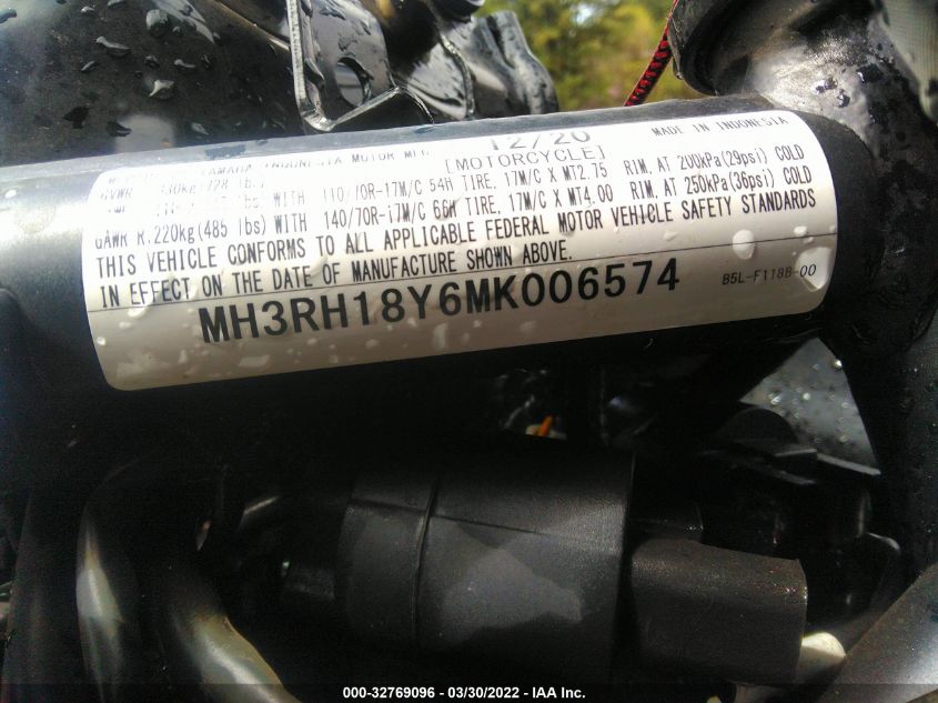 2021 YAMAHA YZFR3 A MH3RH18Y6MK006574