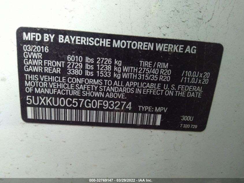 2016 BMW X6 SDRIVE35I 5UXKU0C57G0F93274