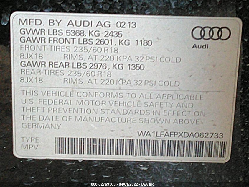 2013 AUDI Q5 PREMIUM PLUS WA1LFAFPXDA062733