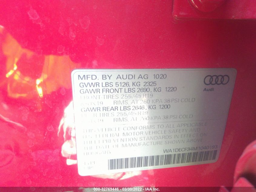 2021 AUDI Q3 S LINE PREMIUM WA1DECF34M1040193