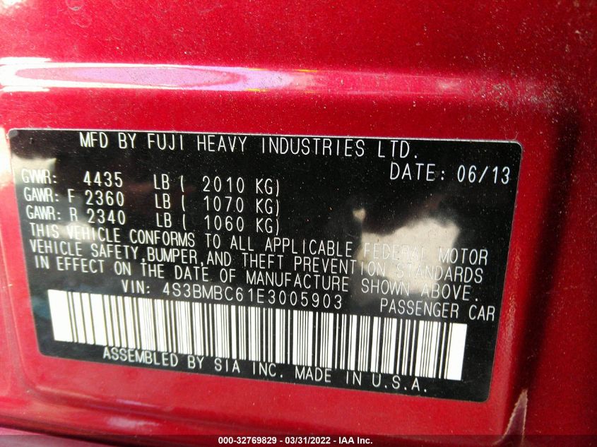 2014 SUBARU LEGACY 2.5I PREMIUM 4S3BMBC61E3005903