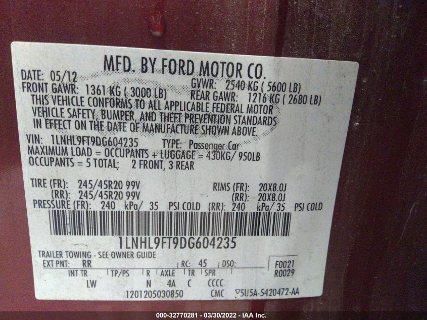 2013 LINCOLN MKS ECOBOOST 1LNHL9FT9DG604235