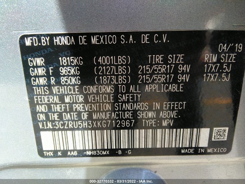 2019 HONDA HR-V LX 3CZRU5H3XKG712967