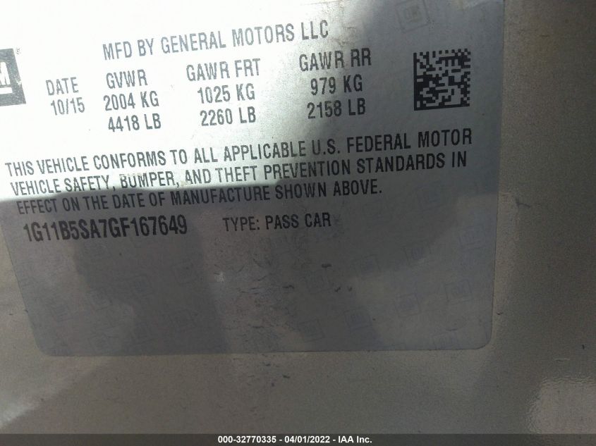 2016 CHEVROLET MALIBU LIMITED LS 1G11B5SA7GF167649