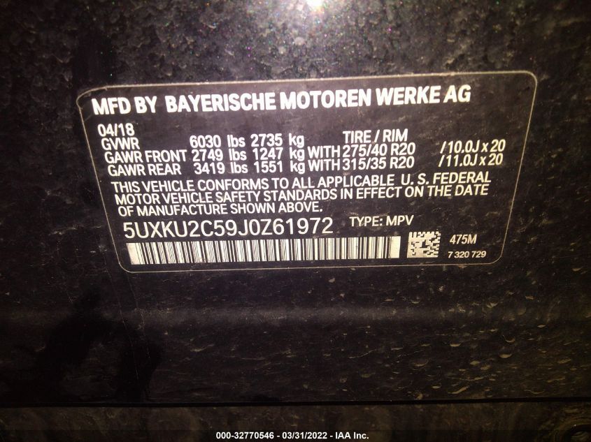 2018 BMW X6 XDRIVE35I 5UXKU2C59J0Z61972