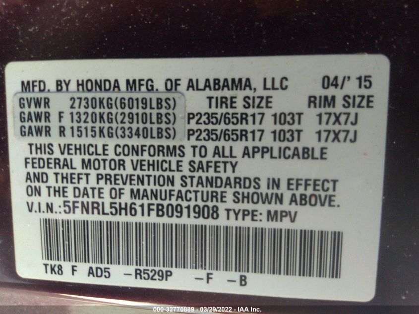 2015 HONDA ODYSSEY EX-L 5FNRL5H61FB091908