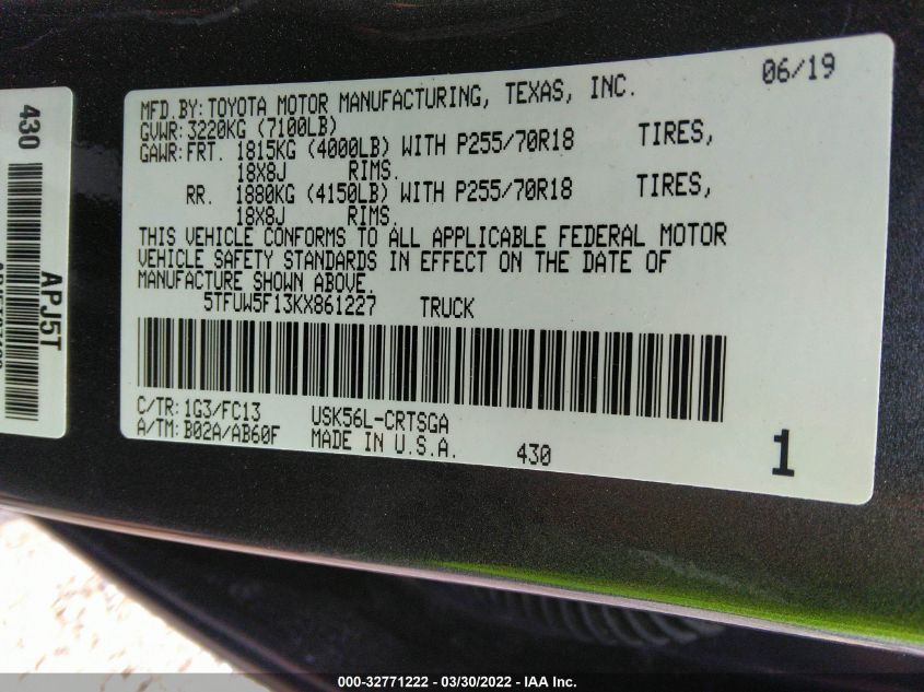 2019 TOYOTA TUNDRA 4WD SR5 5TFUW5F13KX861227