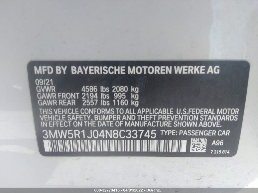 2022 BMW 3 SERIES 330I 3MW5R1J04N8C33745